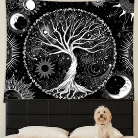AACKart Tree of Life Tapestry for Bedroom Aesthetic Room Decor-Black and White Spiritual Tree Tapestry Wall Hanging with Sun Moon Star 78.7×59.1 inches