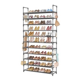 LANTEFUL 11 Tiers Tall Shoe Rack Holds 55 Pairs of Shoes with 18pcs Hooks Sturdy Wide Shoe Organizer Storage Free Standing Metal Shoe Shelf for Closet, Entryway Grey