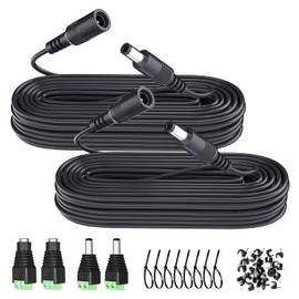 2PCS 20ft 6M DC Power Extension Cable, DC 12V 5.5mm x 2.1mm Extension Cord with Power Jack Adapter Connectors(2 x Male+2 x Female)/Wire Clips/Cable Ties for Security Camera/Router/LED Strip/Printer