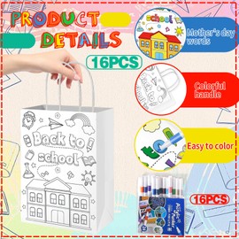 16Pcs Back to School Coloring Bags Color Your Own Paper Gift Bag with 24-Color Acrylic Marker Pen, First Day of School Reusable Coloring Bag Paper Tote Bag with Handle for Classroom Party DIY Crafts