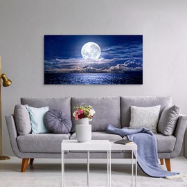 the stream design Ocean Moon Wall Art Canvas: Sea Night Sky Seascape Picture Print Artwork Lunar Landscape Photography Painting Living Room Bedroom Decor for Home Office