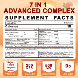 Vitamin D3 K2 Gummies 5000IU / 10,000 IU with 500mg Calcium + K2(MK-7) 200mcg, Magnesium, Vitamin C & Zinc, Extra Strength - Ultimate Absorbency for Bones, Muscles, Teeth, Vegan, 60 Count (Pack of 1)