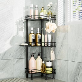 Consumest Corner Shower Caddy Standing - 3-Tier Stainless Steel Shower Organizer with Soap Holder and 4 Hooks, Large Capacity Corner Shelf Stand for Bathroom, Rest Room, White