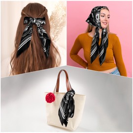 JIYIN Women's Silk Scarves, 90 x 90 cm, Soft Square Silk Scarf, Women's Silk Scarves, Neck Headscarf, Women's Decoration, Headwear, Gift for Women, black