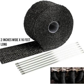 Sunplustrade 2"x16' Black Exhaust Header Heat Wrap Motorcycle Car Pipe Heat Shield + Zip Ties