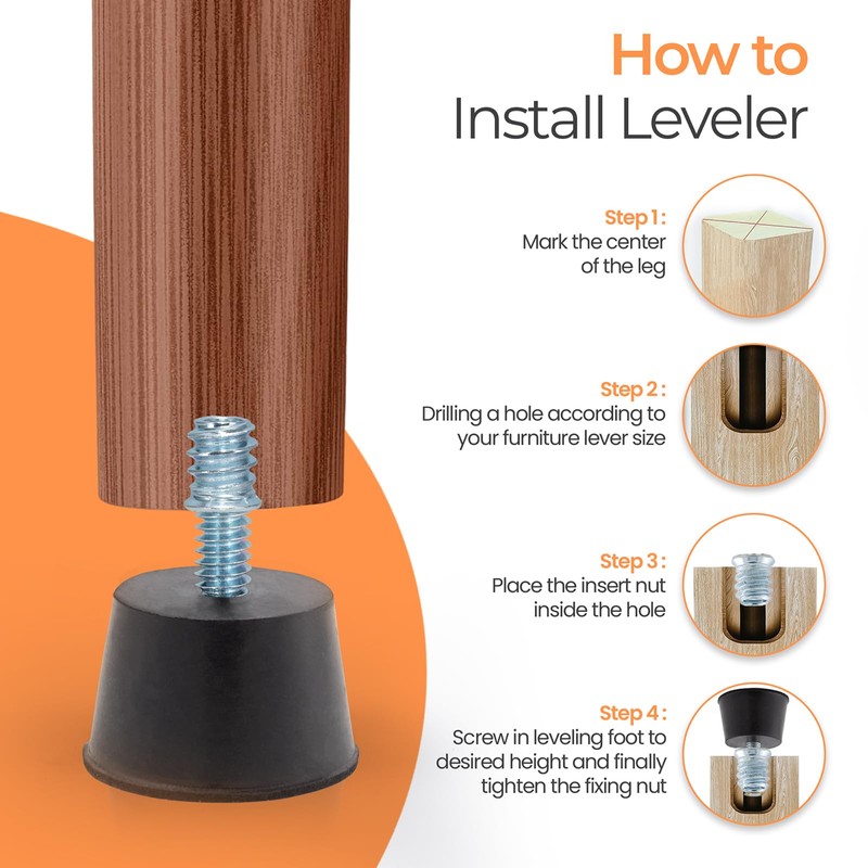Adjustable 1/4" Rubber Threaded Furniture Levelers - 16 Pack |