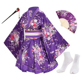 Japanese Anime Women's Dance Kimono Robe Fancy Dress Yukata Silk Folding Fans Tabi Hairstick Socks Set Purple Plus Size