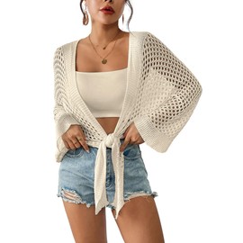 Women Crochet Swimsuit Cover Up Hollow Out Bathing Suit Coverup Open Front Batwing Summer Outfit Top