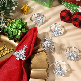 16 PCS Christmas Napkins and Ring Set 8 PCS Red Washable Christmas Napkins Cloth and 8 PCS Christmas Napkin Rings Holder for Christmas Holiday Dinner Party Table Decoration (Snowflake, Tree)