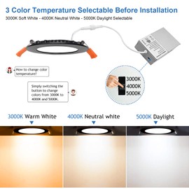 CycevSun 6 Pack Black 4 Inch Slim LED Recessed Light Canless Dimmable with Junction Box, 9W 3000K-4000K-5000K Color Selectable - 120V Ultra Thin Downlight High Bright 900LM, IC / Wet Rated, ETL Listed