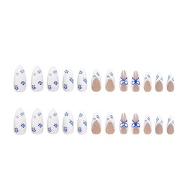 24Pcs French Tip Press on Nails Long Almond Fake Nails with Pearl Charms Cute False Nails Blue Flower Full Cover Glue on Nails Spring Summer Acrylic Nails Blue Bow Stick on Artificial Nails for Women