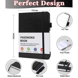 B6 Password Book with Alphabetical Tabs, Hardcover Password Keeper Internet Address Organizer Logbook for Computer and and Internet Address Website Login, Black