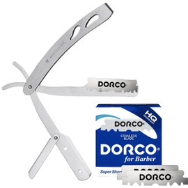 The Shave Factory Straight Edge Razor Kit (Steel Razor / 100 Dorco Single Edge Razor Blades Blue)