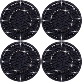 MEAJOO 4PCS Bling Crystal Rhinestone Cup Holder Coaster, 2.75 inch Soft Silicone Anti-Slip Shockproof, Car Cup Holder Insert Coasters, Universal Car Interior Accessories for Women (Black)