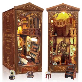 Quanquer DIY Book Nook Kit: 3D Puzzle with Furniture and LED, DIY Miniature House Kit Bookshelf Decor Wooden Dollhouse Creativity Gift for Adults Birthday Christmas and Valentine's Day (Magic Library)