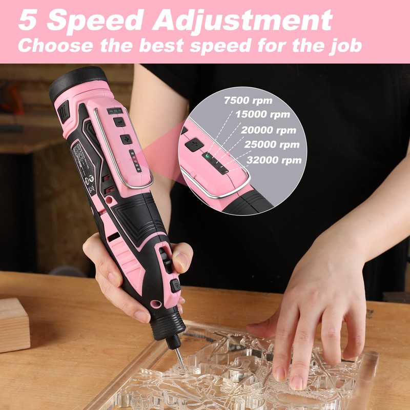 WORKPRO Pink 12V Cordless Rotary Tool Kit, 5 Variable Speeds,