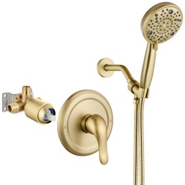 Aolemi Shower Faucet Set Rain Shower Head System Shower Trim Kit Pressure Rough-in Valve Included ABS 8 Setting Single Handheld Spray Brushed Gold