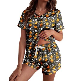 Ekouaer Silk Pajama for Women Short Sleeve Satin Pj Set Two Piece Soft Sleepwear Loungewear, Black Pumpkin & Spider Web, L