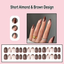 ANDGING Brown Press on Nails Almond French Tip Fake Nails with Glue Acrylic Glue on Nails with Designs ombre Natural Manicure False Nail for Women Gel Stick ons Nails for Wedding Birthday KDLA88