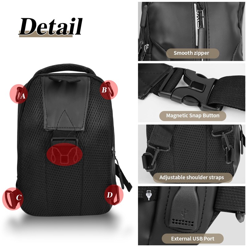FuninCrea Sling Bag Men's PU Leather Shoulder Bag with 4