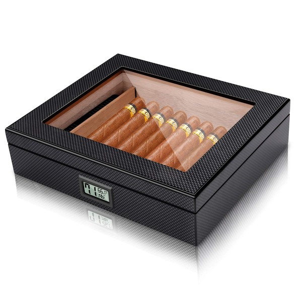 Cigar Humidor Carbon Fiber Cigar Humidor High Gloss Lacquer Handcrafted Cedar Cigar Desktop Box with Front Digital Hygrometer and Humidifier, Glass Top for 20 Cigars (20-30 Cigars)