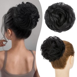 S-noilite Messy Bun Hair Piece Human Hair Wavy Real Hair Bun Extensions Messy Bun Hair Pieces for Women Scrunchies Updo Real Human Hair Bun Jet Black