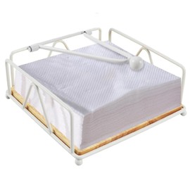 Metal Napkin Holder with Weighted Arm,Metal Napkin Holder with Wooden Base,Square Napkin Holder,Elegant Paper Napkin Dispenser,Metal Flat Napkin Holder for Kitchen Counter, Dining Table (White)