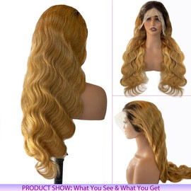 Belaved Ombre Lace Front Wigs Human Hair Honey Blonde with Black Roots 13X4 HD Transparent Body Wave 1B/27 Wig Human Hair Pre Plucked HD Frontal 180 Density Glueless 34inch