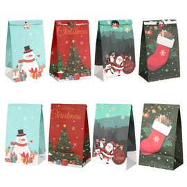 24 PCS Christmas Paper Bags with Stickers for Treat Goodie Candy Snack Gift Wrap Santa Stocking Snowman Snowflake Pouch Winter Holiday Birthday Party Favors Supplies Decorations Xmas New Year Baggies