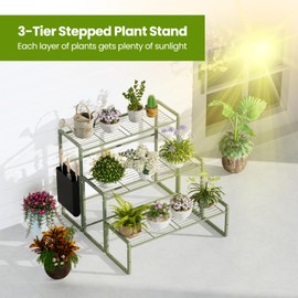 EAEREGS 3 Tier Metal Plant Stand Outdoor Indoor Waterproof, Stackable Heavy Duty Tall Plant Shelf Flower Pot Holder for Garden, Display Rack (Green)