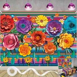 Mexican Fiesta Backdrop Colorful Paper Flower Striped Photography Background for Cinco de Mayo Fiesta Party Mexican Themed Event Banner Photo Booth Props 8x6FT