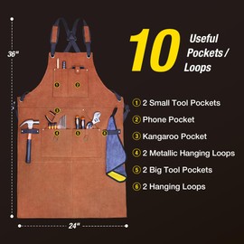 FOFSER Work Apron for Men, Wood Working Carpenter Apron with 10 Pockets/Loops, Heavy Duty Leather Tool Apron for Welding Worker, Workshop Machinist, Woodworker, Blacksmith, Adjustable M-XXL