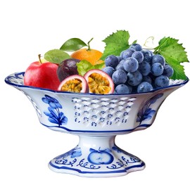 YYMayLsh Fruit Bowl Ceramic Fruit Serving Plate Blue and White Chinoiserie Decor Bowl with Foot for Living Dining Room