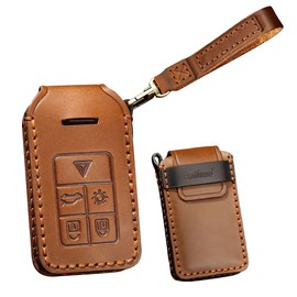 TECART Leather Car Key Fob Cover Fit for Volvo S60 S80 V60 Keychain Smart Key Case Key Shell Protector 5 Button Brown