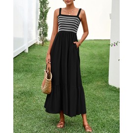 BTFBM Summer Midi Dresses for Women 2025 Spring Sleeveless Square Neck Smocked Flowy Long Beach Vacation Sundress Pocket(Black, XX-Large)