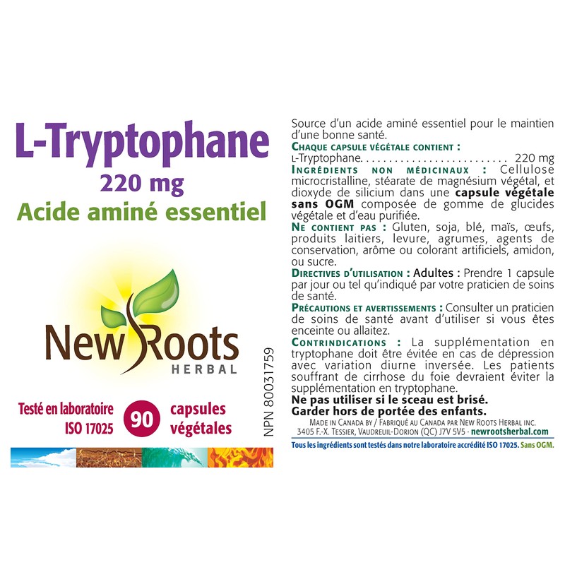 New Roots Herbal - L-Tryptophan - 90 Capsules - 220mg