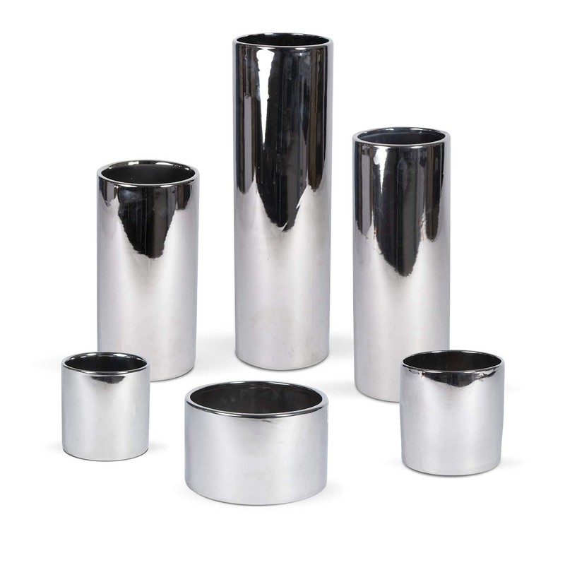 Silver Ceramic Round Planter 12" H x 6" W x