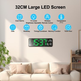 Lafocuse Led Digital Wall Clock, 13" Large Display Alarm Clock with Remote Control, Auto Brightness Dimmer, Countdown, 12/24H for Living Room, Home, Office, Kitchen with Temperature Date Week, Green