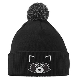 Hippowarehouse Cute Raccoon Face Embroidered Beanie Hat with Bobble Black