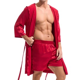 Amy Coulee Mens Satin Robe Set Lightweight Bathrobes with Shorts Silky Half Sleeve Pajamas Robes with Hooded (Red, L)
