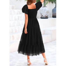 PRETTYGARDEN Women's Smocked Midi Tulle Dress 2025 Summer Puffy Short Sleeve Square Neck Ruffle Wedding Guest Party Dresses (Black,Large)