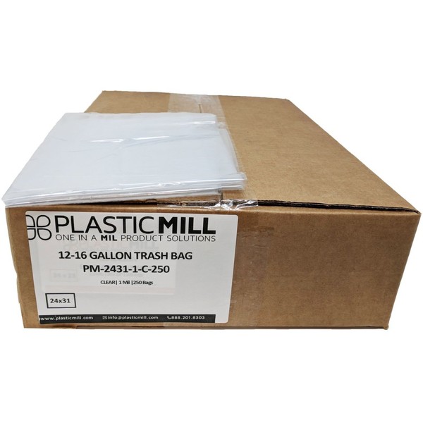 PlasticMill 12-16 Gallon Garbage Bags: Clear, 1 Mil, 24x31, 250 Bags.
