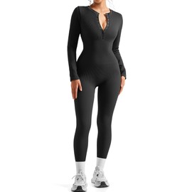 SUUKSESS Women Long Sleeve Ribbed Workout Jumpsuit Seamless One Piece V Neck Button Down Yoga Jumpsuits (Black,L)