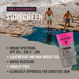 LifeJacket Sun Protection Gel SPF 50 UVA, UVA 5* Sun Cream/Sunscreen factor 50, Face + Body 200ml Lightweight, Non-greasy, Water resistant, Cruelty free, Clinically Approved for Sensitive & Dry Skin