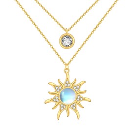 KZX Moonstone Sun Layered Necklace Double Sun Necklace 925 Sterling Silver Sun Pendant Gold Plated Sun Layered Jewellery Gifts for Women Girls Mother's Day, Sterling Silver, Moonstone