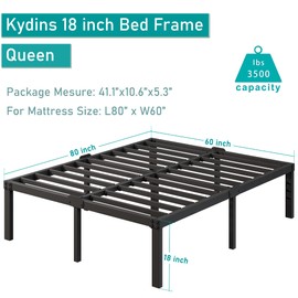 Kydins Queen Bed Frame 18 Inch Metal Platform Queen Bed Frame with Storage No Box Spring Needed Black with Stoppers Non-Slip Mattress Foundation No Noise Support 3500lbs