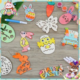 Fractoluxe 294 Pieces Wooden Pendants Easter Craft Set for Children, DIY Easter Decoration for Painting with Watercolour Pen, Rhinestones, Decorative Cord, Eyes, Creative Easter Gift
