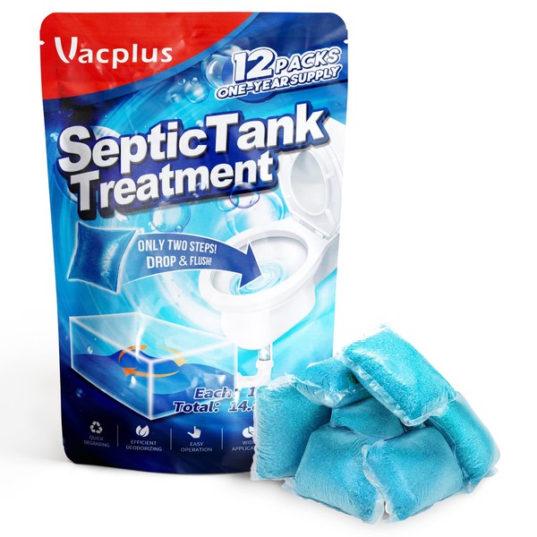 Vacplus Septic Tank Treatment 12 Pcs for 1-Year Supply, Dissolvable Septic Tank Treatment Packs with Easy Operation, Durable Biodegradable Septic Tank Treatment Enzymes for Wastes, Greases & Odors