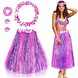 Fighting to Achieve 5pcs/set 31in Hawaiian Hula Grass Skirt for Women Matching Elastic Multicolor Flowers Costume for Adults Luau Tropical Beach Party