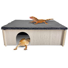 PINVNBY Large Bearded Dragon Basking Platform, Wooden Snake Hide, Ball Pythons Hide with Slate Rock, Leopard Gecko Tank Accessories for Geckos, Crested Gecko Chameleon Turtles (L: 11.8x7.87 inches)